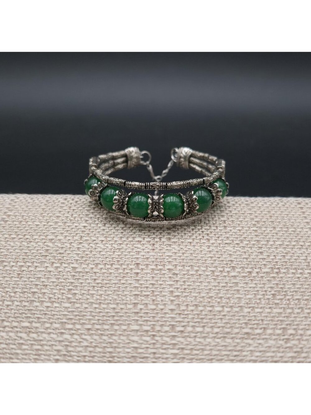 7 Inch Vintage Green Jade Bead Filigree Multi-Strand Cuff Bracelet B1530